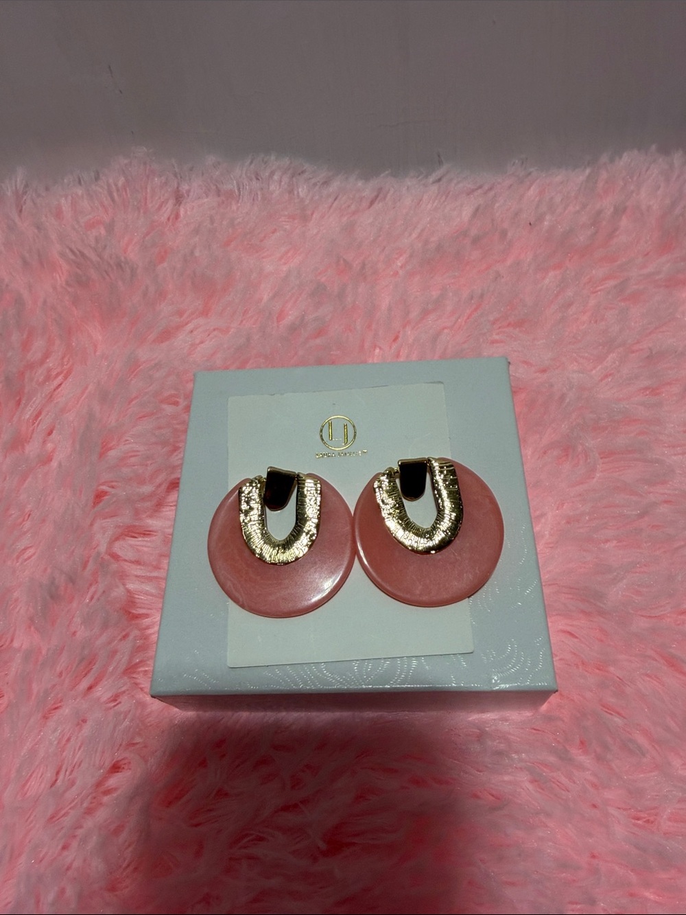 New Laura Janelle Pink Round Resin Earrings with Gold Accents